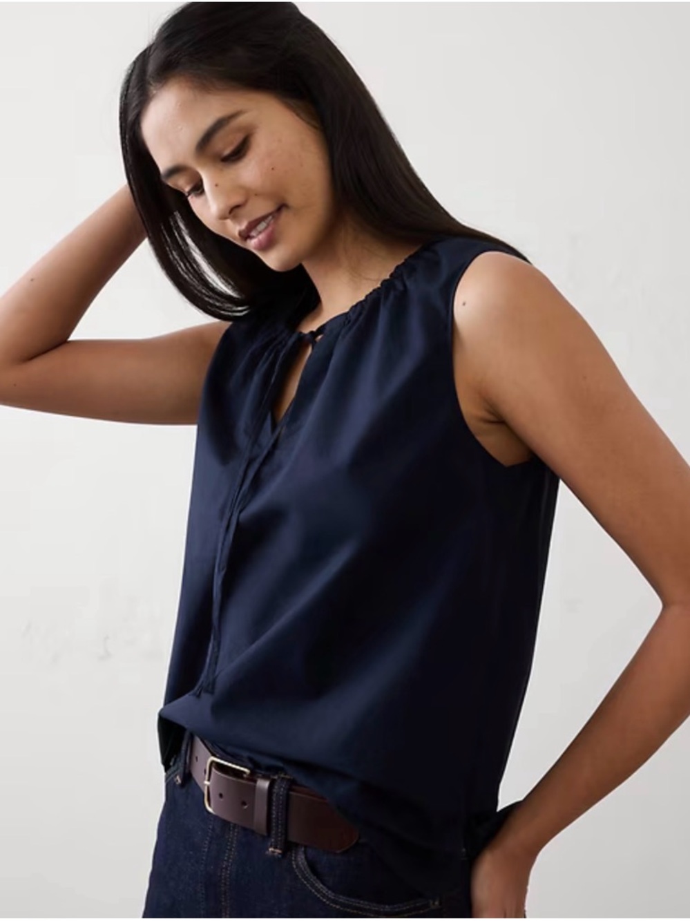 Banana Republic Navy Sleeveless Keyhole Blouse GATHERED-NECK TOP